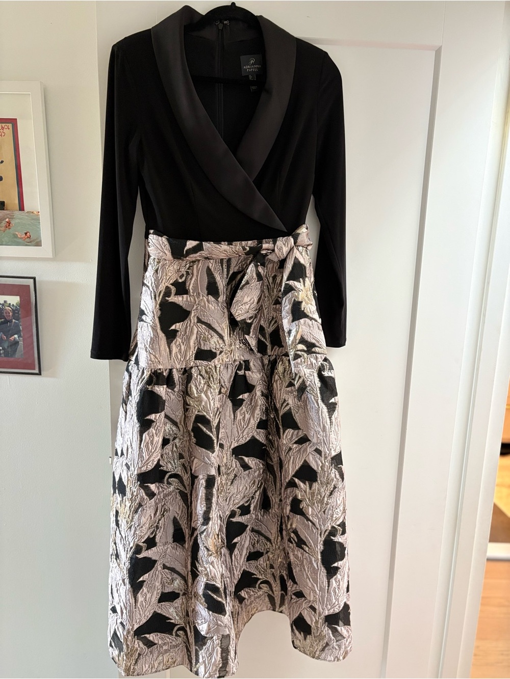 Adrianna Papell Black Bodice with Silver Floral Jacquard Skirt Midi Dress